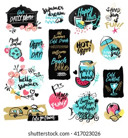 Set of hand drawn watercolor labels and badges of summer. Vector illustrations for summer holiday, travel and vacation, restaurant and bar, menu, sea and sun, beach vacation and party.