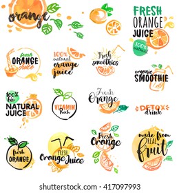 Set of hand drawn watercolor labels and signs of orange juice and smoothies. Vector illustrations for graphic and web design, for restaurant and bar, menu.