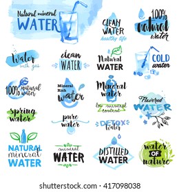 Set of hand drawn watercolor labels and badges of water. Vector illustrations for graphic and web design.