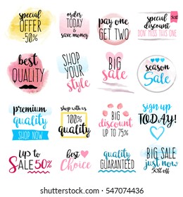 Set of hand drawn watercolor labels and badges for shopping sale, discounts, e-commerce and other promotion.