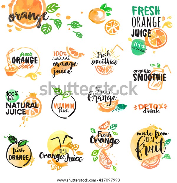 手描きの水色のラベルとオレンジジュースとスムージーの印のセット