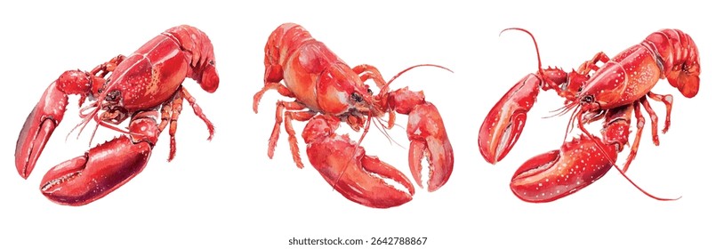 Set of hand drawn watercolor lobsters, lobsters, crabs png. Watercolor seafood. Sea restaurant concept. Sea food elements for menu, posters, restaurants etc. Vector illustration.