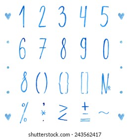 Set of hand drawn watercolor numbers and mathematical symbols. Vector digits for save the dates, invitations and other creative projects. Best with same style alphabet.