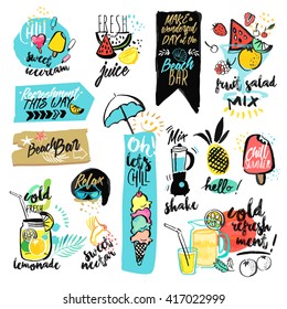 Set of hand drawn watercolor ribbons and stickers of summer. Vector illustrations for summer holiday, travel and vacation, restaurant and bar, menu, sea and sun, beach vacation and party.