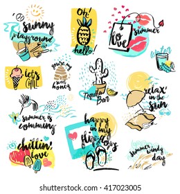 Set of hand drawn watercolor signs of summer. Vector illustrations for summer holiday, travel and vacation, restaurant and bar, menu, sea and sun, beach vacation and party.