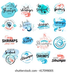 Set of hand drawn watercolor signs of seafood. Vector illustrations for graphic and web design, for restaurant, menu, fish market.