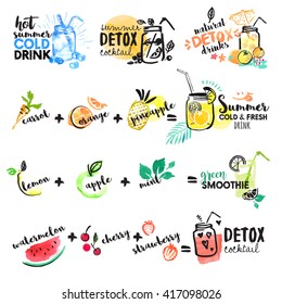 Set of hand drawn watercolor signs of summer drinks, fruit juices and smoothies, cocktails. Vector illustrations for graphic and web design, for restaurant and bar, menu.