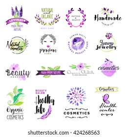 Set of hand drawn watercolor signs for beauty and cosmetics. Vector illustrations for graphic and web design, for natural and organic products, healthy life, beauty care.