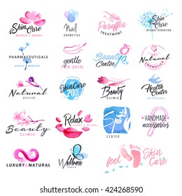 Set of hand drawn watercolor signs for beauty, healthy life and wellness. Vector illustrations for graphic and web design, for cosmetics, natural products, spa, beauty center.