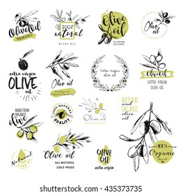 Set of hand drawn watercolor stickers and badges of olive oil. Vector illustrations for olive oil labels, packaging design, natural products, restaurant