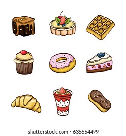 Set of hand drawn watercolor style pastry icons. Desserts and sweets.