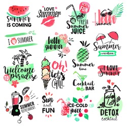 Set Of Hand Drawn Watercolor Summer Badges And Elements. Vector Illustrations For Summer Holiday, Travel Agency, Restaurant And Bar, Menu, Sea And Sun, Beach Vacation And Party.