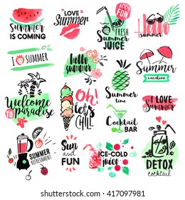 Set of hand drawn watercolor summer badges and elements. Vector illustrations for summer holiday, travel agency, restaurant and bar, menu, sea and sun, beach vacation and party.