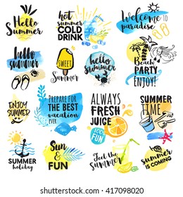 Set of hand drawn watercolor summer signs. Vector illustrations for summer holiday, travel agency, restaurant and bar, menu, sea and sun, beach vacation and party.