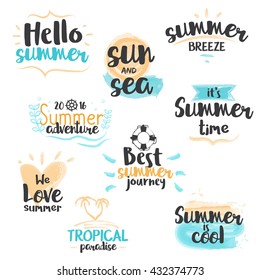 Set of hand drawn watercolor Summer Labels and Badges. Vector Illustration