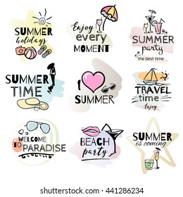 Set of hand drawn watercolor summer signs and banners. Vector illustrations for summer holiday, travel agency, restaurant and bar, menu, sea and sun, beach vacation logo and party.