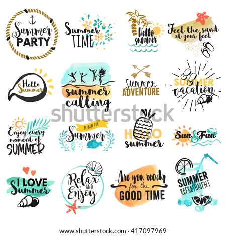 Set of hand drawn watercolor summer signs and banners. Vector illustrations for summer holiday, travel agency, restaurant and bar, menu, sea and sun, beach vacation and party.