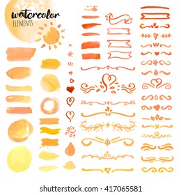 Set of hand drawn watercolor sun and summer elements, brushes, frames, stains, ribbons, ornaments, decoration, pattern and background. Vector illustrations for graphic and web design.
