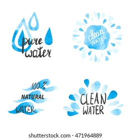 Set Of Hand Drawn Watercolor Symbols And Signs Of Pure Water. Vector Collection Of Aqua Labels. 