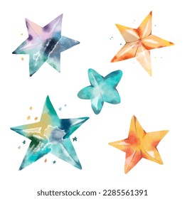 Set of hand drawn watercolour stars isolated on white. Children's book design element, wall art