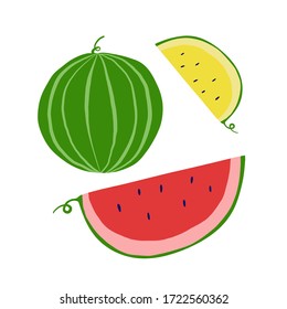 Set of hand drawn watermelon and slice of red and yellow watermelon. Summertime fruits on white background.Trendy modern  flat cartoon colorful vector illustration. Doodle fruits.