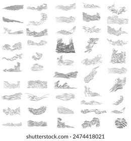 Set of hand drawn wave elements vector. Natural art background with Chinese wave icon and symbol in vintage style