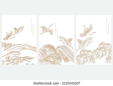 Set of hand drawn wave with Japanese pattern vector. Oriental decoration with crane birds banner design, flyer or presentation in vintage style. Ocean sea elements.