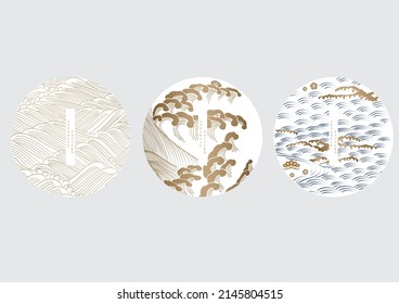 Conjunto de ondas dibujadas a mano con vector de patrón japonés. Decoración oriental con logotipo y diseño de iconos, volante o presentación en estilo vintage. Elemento oceánico de estilo oriental.
