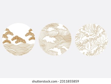 Set of hand drawn wave with Japanese pattern vector. Oriental decoration with banner design, flyer or presentation in vintage style. Ocean sea elements backdrop.