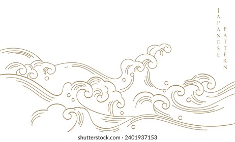 Set of hand drawn wave with Japanese pattern vector. Oriental decoration with logo design, flyer or presentation in vintage style