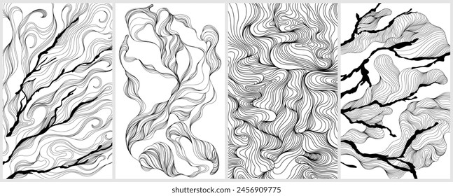Set of hand drawn wavy backgrounds. Monochrome waves wallpapers.
