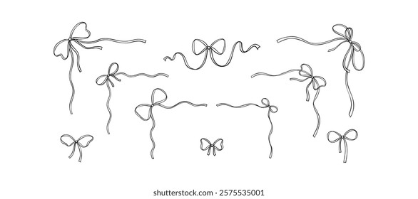 Set of hand drawn wavy ribbon corners and separators with tied bows. Cute line art doodle design elements for wedding invitations, birthday cards, bachelorette party, feminine minimalist art