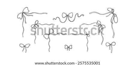 Set of hand drawn wavy ribbon corners and separators with tied bows. Cute line art doodle design elements for wedding invitations, birthday cards, bachelorette party, feminine minimalist art