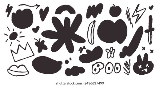 Set of hand drawn wax crayon, brush stroke black shapes and doodle objects in primitive child style. Abstract contemporary modern trendy vector illustration in tattoo style with playful elements. 