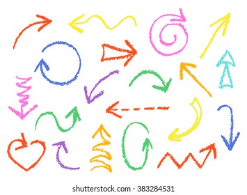 Set of hand drawn wax crayon fun colorful arrows. Hand painting red, pink, blue, yellow, green design elements. Vector collection on white background.