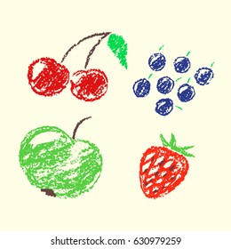 Set of hand drawn wax crayon fun color juicy fruits. Hand painted strawberry, apple, blueberries, cherries, currant. Vector collection on beige background.