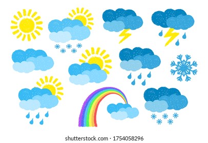 Set of hand drawn weather icons, painted with oil pastel crayons