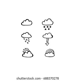 Set of hand drawn weather icons. Clouds, snow, rain, rainbow, sun. Vector illustration.