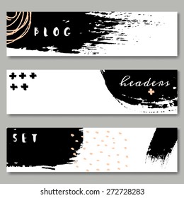 A set of hand drawn web headers in black, white and pastel pink. Abstract brush strokes and ink doodle designs with copy space. EPS 10 file, transparency effects used.