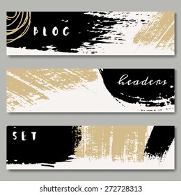 A set of hand drawn web headers in black, white and golden. Abstract brush strokes and ink doodle designs with copy space. EPS 10 file, transparency effects used.