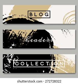 A set of hand drawn web headers in black, white and golden. Abstract brush strokes and ink doodle designs with copy space. EPS 10 file, transparency effects used.