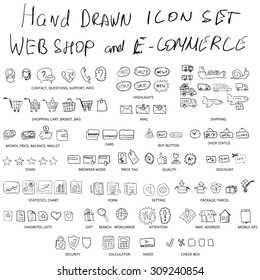Set of hand drawn web shopping and online e-commerce vector icons