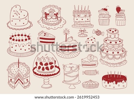 Set of hand drawn wedding and birthday cakes, cupcakes and pies. Whimsical doodle desserts illustrations. Coquette bakery items. Line art sweet pastry food. Vector graphic