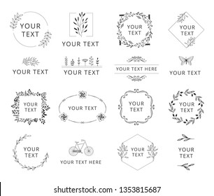 Set of hand drawn wedding branding with floral elements. Wreaths and frames for feminine design. Vector isolated.