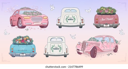 Set of hand drawn wedding car isolated on background. Vector illustration