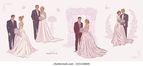 Set of hand drawn wedding couples isolated on background. Vector illustration of beautiful bride and handsome groom. Elegant weedding ceremony