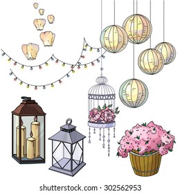 Set of hand drawn wedding elements - string of lights, lanterns, flowers, candles