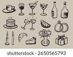 Set of hand drawn wedding illustrations with different elements, rings, champagne, cake, bouquet, food , flowers and champagne glasses. Vector wedding illustrations for invitations, cards and poster