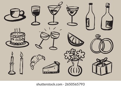 Set of hand drawn wedding illustrations with different elements, rings, champagne, cake, bouquet, food , flowers and champagne glasses. Vector wedding illustrations for invitations, cards and poster