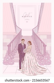 Set of hand drawn wedding invitation with a bridal couple. Save the date template with bride and groom. Vector illustration